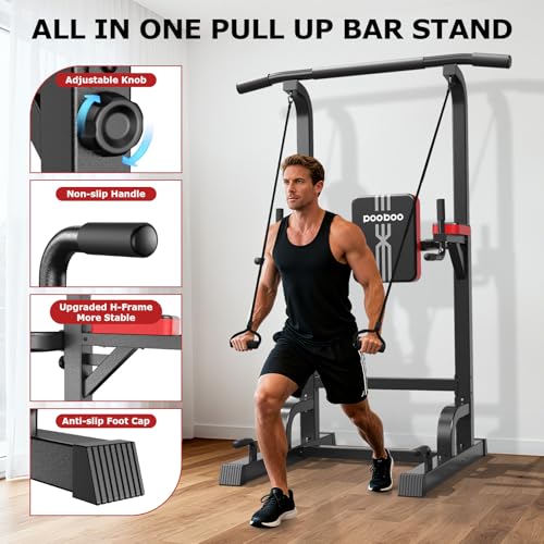 Pooboo Power Tower Dip Station Pull Up Bar for Fitness Home Gym Workout,450 Pounds Multi-Function Adjustable Height Fitness Strength Training Exercise Equipment,with Power Elastic Ropes - color: Black Red-02
