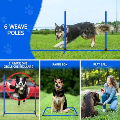Dog Agility Equipment, Dog Agility Course Backyard Set Obstacle Course Backyard Includes Adjustable High Hurdle,6 Weave Poles,Extended Tunnel,Jump Ring,Square Pause Box,2 Balls,Whistle,2 Carrying Bags - size: 10 PCS Upgrade with tunnel