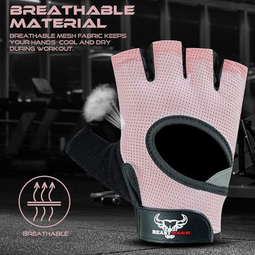 BEAST RAGE Fingerless Weight Lifting Gloves with Palm Protection Padding, Breathable Lightweight Gym Gloves for Men, Women, Weightlifting, Cycling, Exercise, Training Pull Up - color: Pink, size: X-Small