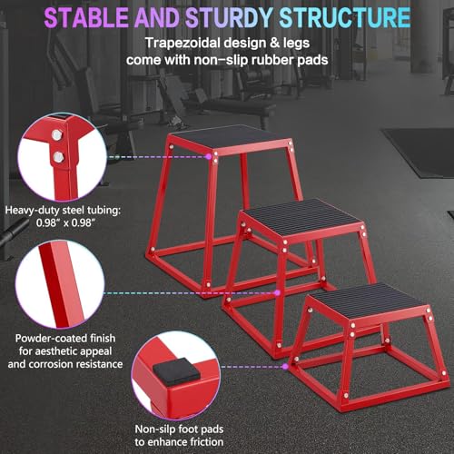 Pro-Grade Plyometric Jump Box Gym Fitness Exercise Set, Steel Anti-Slip Step Up Box, 3-Pack(12/18/24 Inch) Plyo Box Jumps for Home Gym Jumping, Squat, Strength Training