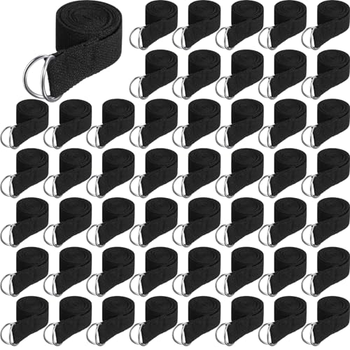 50 Pcs Yoga Strap for Stretching Bulk 6ft Exercise Stretch Band with Metal D Ring Adjustable Pilates Non Elastic Yoga Belt for Women Men Physical Fitness Gym Workout Dance (Black)
