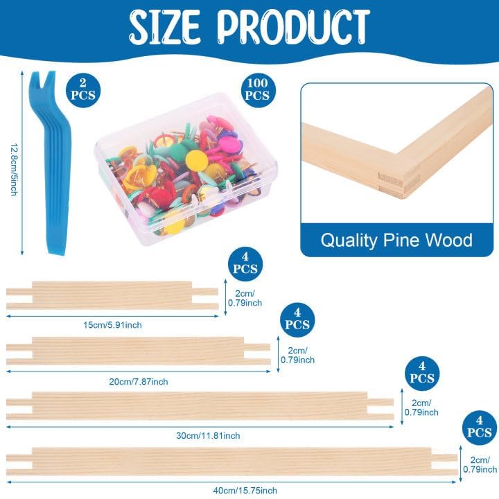 16 Sets Stretcher Bars for Needlework with 100 Tacks, 4 Sizes 16Pcs Wooden Canvas Splicing Stretcher Bars Needlepoint Embroidery Stitch Frame Set for Crafts Art Supplies for Women's Birthday Gift