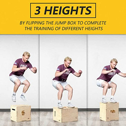 Holleyweb 3 in 1 Wood Plyo Box, Jump Box Plyometric Non-Slip for Skipping, Jumping,Box Jumps, Squats, Step-Ups, Dips, Rounded Corners for Safety (A-YD05003-USAM028)