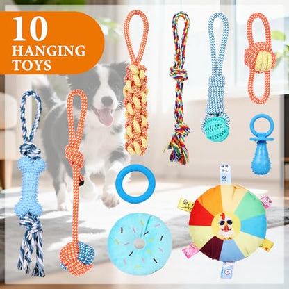 WLLEYAY Puppy Play Gym for Small Dogs 10 Hanging Toys,Interactive Dog Toys | Removable Indoor Jungle Gym,PVC Frame With Adjustable Bungee Straps, Interactive Tug Toys,Dogs Rope Toy To Keep Them Busy - color: Yellow & Blue