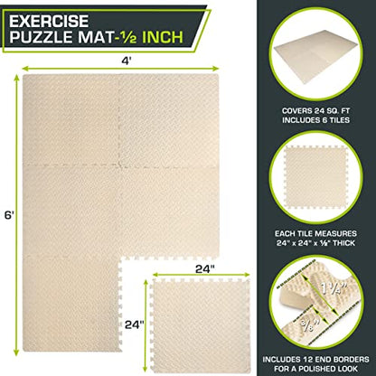ProsourceFit Exercise Puzzle Mat 1/2-inch, EVA Interlocking Foam Floor Tiles for Home Gym, Workout Equipment, Kids Play Areas, Beige, 24 Sq Ft - 6 Tiles