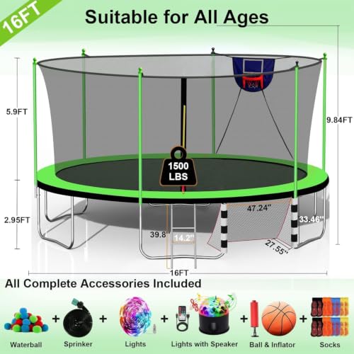 1500LBS 10FT 12FT 14FT 15FT 16FT Trampoline for Kids Adults with Sprinkler, Lights with Music Speaker, Socks, Water Ball, Heavy Duty with Basketball Hoop, Enclosure Net, Ladder