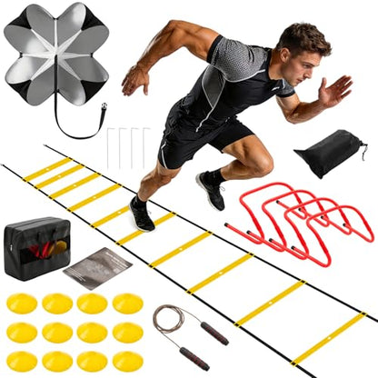 Agility Ladder Speed Training Equipment Set-20ft Ladder,12 Cones, 4 Adjustable Hurdles, Jump Rope, Resistance Parachute| Soccer,Basketball, Football Practice Equipment for Youth, Adults