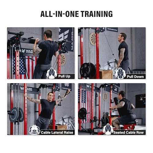 MAJOR FITNESS F22 Power Rack, 1600lbs All-in-One Squat Rack with Dual Pulley System, Heavy-Duty Steel Frame, Attachments & Storage for Home Gym Strength Training - color: Black, style: F22 (with Bench Elite BK & 230LB NEW & 7ft Bar)