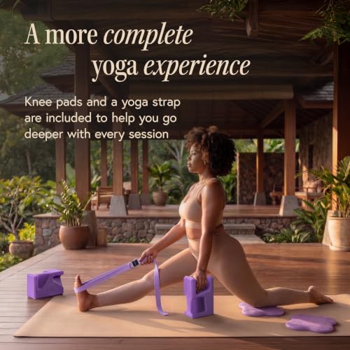 PRO Yoga Blocks | Ergonomic Yoga Block 2 Pack for Wrist Comfort and Support | EVA Foam Exercise Blocks, 2x Knee Pads & Yoga Strap | Pilates Block Set | Bricks to Eliminate Wrist Pain - color: Purple