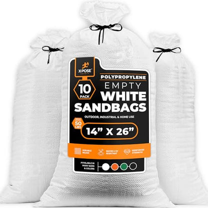 Xpose Safety Heavy Duty Sand Bags with Tie Strings – Empty Woven Polypropylene Sandbags for Hurricane Flood Protection, 50 lb Capacity, 14" x 26", White, Pack of 10 - color: White, size: 10 Sandbags