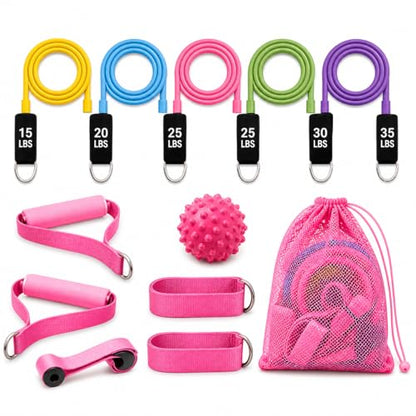 Resistance Bands Set with Handles - 5 Level Tubes (15-35 LBS), 12-Piece Home Gym Kit with Door Anchor, Ankle Straps & Massage Ball for Full Body Workout”