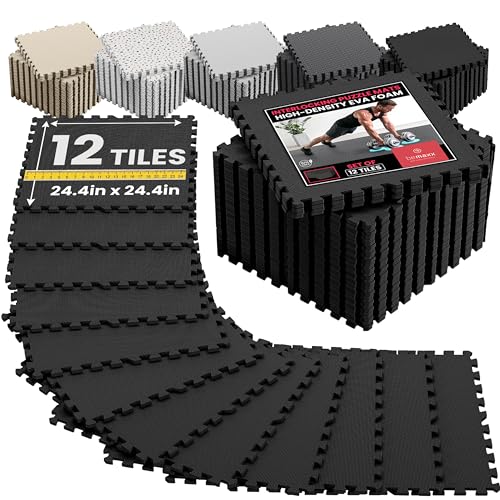 bemaxx Gym Mats Set - 12 pcs EVA Interlocking Foam Floor Tiles (24.4"x24.4"x0.4") 48 sqft Protective Gym Flooring Sports Home Workout Exercise Mats Puzzle Garage Fitness Play-Room Pool Treadmill Bike - color: Anthracite, size: 12 Tiles | 48 sq ft
