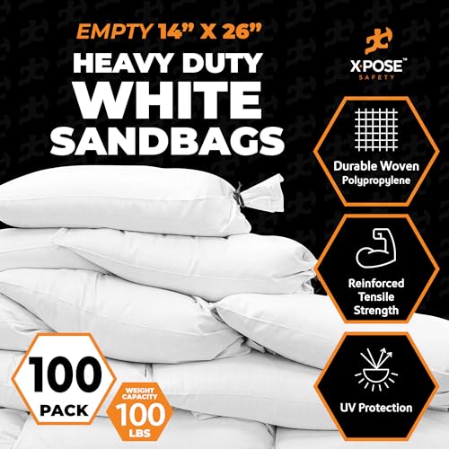Xpose Safety Heavy Duty Sand Bags with Tie Strings – Empty Woven Polypropylene Sandbags for Hurricane Flood Protection, 100 lb Capacity, 14" x 26", White, Pack of 100 - color: White, size: 100 Sandbags