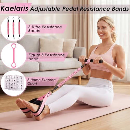Multifunction Pedal Resistance Band with Handle-Figure 8 Resistance Band Set, 3-Tube Adjustable Bands for ABS, Core, Waist, Arm, Leg, Sit Up Exercise Equipment, 3 Home Workout Chart for Women
