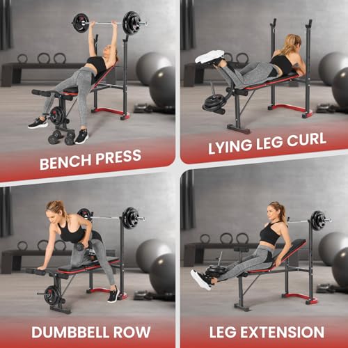 OPPSDECOR Foldable Weight Bench Set with Squat Rack and Preacher Curl Pad - color: Red