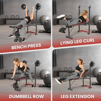OPPSDECOR Foldable Weight Bench Set with Squat Rack and Preacher Curl Pad - color: Red