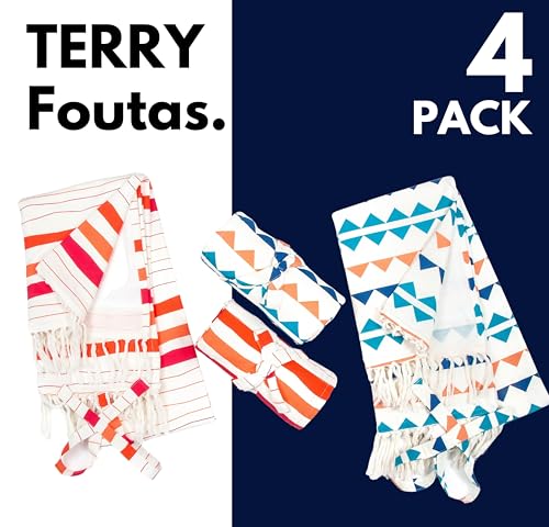 Native Fab Turkish Fouta Beach Towels - Set of 4 - Extra Large 40"x72" - 100% Cotton - Soft, Thick, Absorbent, Terry Towels for Adults, Swim, Bath - Boho Multi Pack - Red, Orange, Blue, Navy
