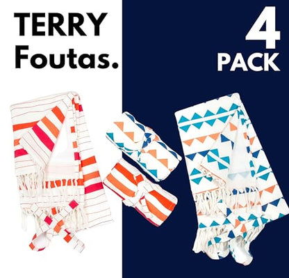 Native Fab Turkish Fouta Beach Towels - Set of 4 - Extra Large 40"x72" - 100% Cotton - Soft, Thick, Absorbent, Terry Towels for Adults, Swim, Bath - Boho Multi Pack - Red, Orange, Blue, Navy