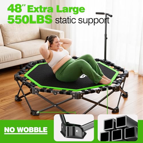 48" Foldable Mini Trampoline, 550lb Capacity Rebounder with Adjustable T-Bar for Adults, Home Gym Fitness Equipment (Black Green)