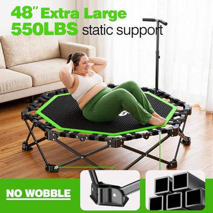 48" Foldable Mini Trampoline, 550lb Capacity Rebounder with Adjustable T-Bar for Adults, Home Gym Fitness Equipment (Black Green)