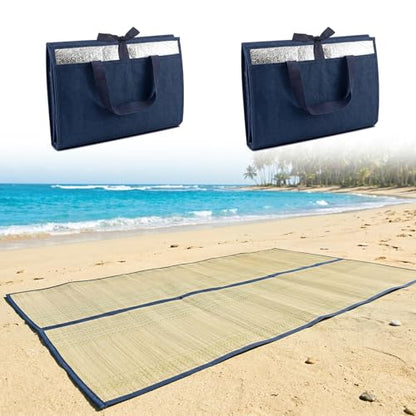 31.5" x70" Straw Beach Mat, Waterproof & Heat Insulation Straw Mat Foldable Lightweight Picnic Mat with Trim for Camping Sunbathing Floor Yoga Outdoor Activities