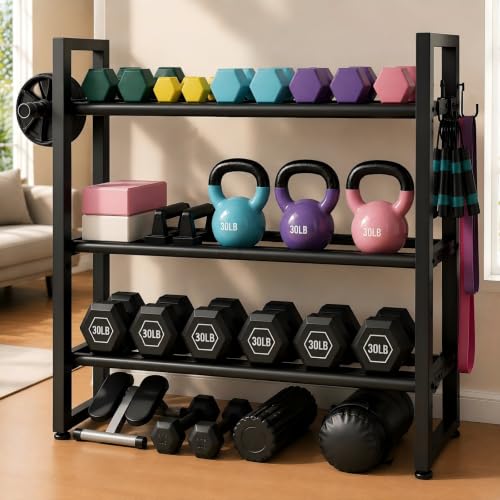 3 Tier Adjustable Dumbbell Rack, 31.5 Inch Length Dumbbell Weight Rack Stand for Home Gym Storage Organizer Dumbbells Kettlebell Up to 390 LB Capacity (Dumbbells Rack Stand Only) ﻿