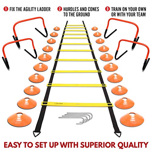 Speed & Agility Training Equipment Set - Includes 4 Agility Hurdles, 20 Disc Cones, Agility Ladder, Adjustable Leg Resistance Bands, Speed Parachute, Jumping Rope & Carry Bag - Designed For All Sports