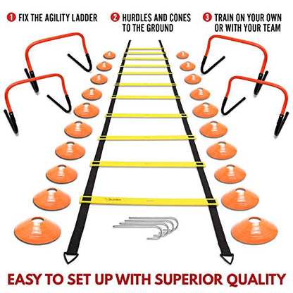 Speed & Agility Training Equipment Set - Includes 4 Agility Hurdles, 20 Disc Cones, Agility Ladder, Adjustable Leg Resistance Bands, Speed Parachute, Jumping Rope & Carry Bag - Designed For All Sports
