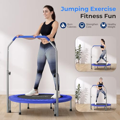 SereneLife 40" Fitness Trampoline for Adults, Indoor/Outdoor Mini Rebounder Trampoline with Adjustable Handrail, Elastic Jump Mat, Sturdy Frame, Lightweight Design for Exercise, 40" x 40" x 46" Inch