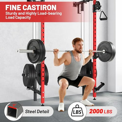 GarveeHome Folding Squat Rack, Wall Mounted Power Rack with Dual Pulley System & Pull Up Bar, Fitness Equipment for Home Gym, Garage, Apartment