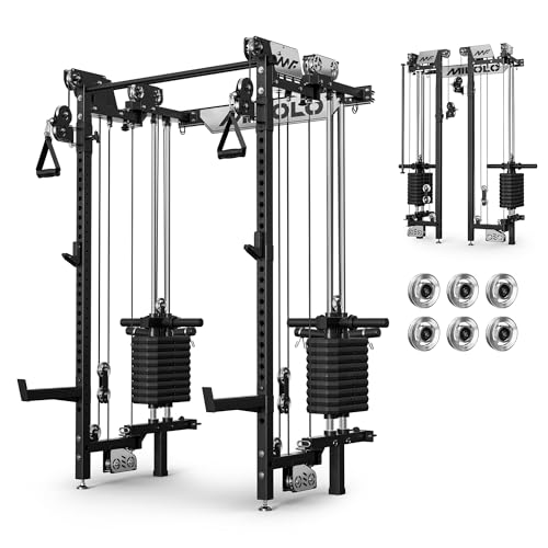 Mikolo Folding Squat Rack, Wall Mounted Power Rack with Cable Crossover Machine & LAT Pull Down, Functional Trainer with 5 Adjustable Function Modes, for Home Gym and Space Saving - color: Black, size: WR02 Selector (100LB Weight Stack)