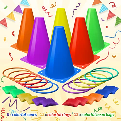 3 in 1 Carnival Games Set, Soft Plastic Cones Bean Bags Ring Toss Games for Kids Birthday Party Outdoor Games Supplies Combo Set