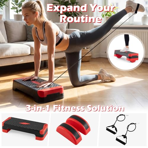 Goplus 3-in-1 Aerobic Step Platform, 600 LBS Adjustable Exercise Stepper with 4-Level Risers, Balance Trainers, Resistance Band, Non-Slip Workout Stepper for Home Gym, Cardio, Strength Training