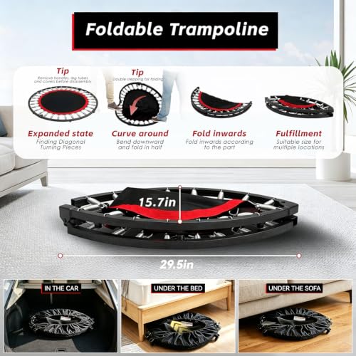 Trampoline, Portable Foldable Trampoline in-Home Mini Rebounder with Adjustable Handle, Exercise Trampoline for Adults, 40" Max Load 330lbs