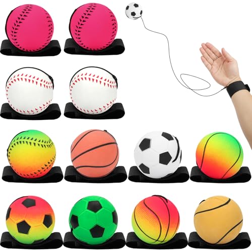 SAYAYA 12 Pcs Wrist Return Ball Baseballs 2.36 Inches Rubber Sport Ball with Strap and String Rebound Bouncy Balls Basketball Baseball Soccer Tennis Wristband Toy for Adults Wrist Exercise Play - color: Mixed Color Sport Ball, size: 12 Pcs