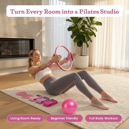 Premium 12pc Pilates Kit – 15 inch Pilates Ring and Ball Set w/ 1lbs Ankle Weights, Fabric Resistance Bands, Sliders, Yoga Socks & Gym Bag – Pilates Workout, Home Gym Equipment Accessories - color: Blush Energy (Pink)
