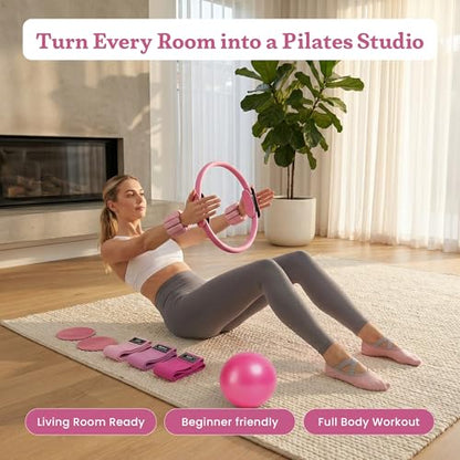 Premium 12pc Pilates Kit – 15 inch Pilates Ring and Ball Set w/ 1lbs Ankle Weights, Fabric Resistance Bands, Sliders, Yoga Socks & Gym Bag – Pilates Workout, Home Gym Equipment Accessories - color: Blush Energy (Pink)