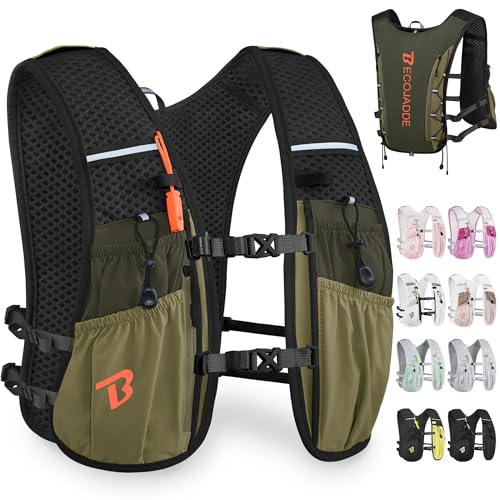 BECOJADDE Running Vest for Women Men, 5L/6L Lightweight Hydration Backpack Running Pack for Marathon, Trail, Cycling, Hiking, Jogging - color: Olive Green