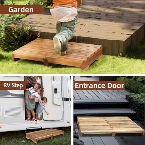 3.4” Wooden Step Stool, One Step Stool for Adults, Anti-Slip Wooden Platform, No Complex Installation Required Waterproof Footstool for Adults/Kids, Doorway, Kitchen, Bathroom, Garden - style: Acacia Wood
