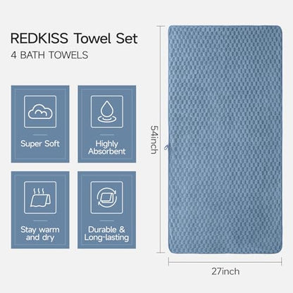 REDKISS Microfiber Bath Towels of 4-27x55 Inches Bath Towel Large, Highly Absorbent Towels for Bathroom, Quick Drying, Super Soft, Lint Free Fluffy Shower Towel for Gym, SPA, Ideal Everyday Use