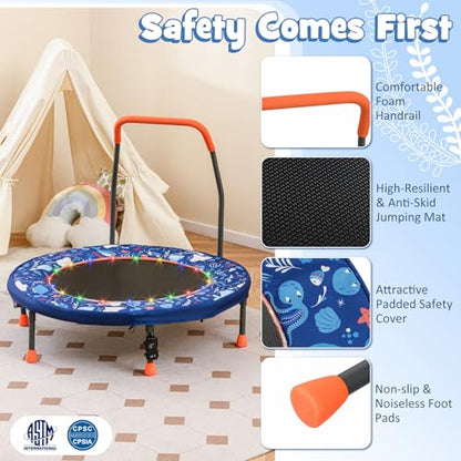 GYMAX 36” Toddler Trampoline with Lights, Folding Springless ASTM Approved Small Kids Rebounder with Foam Handle, Safety Padded Cover & Foldable Legs, Mini Indoor Baby Trampolines - color: Dark Blue