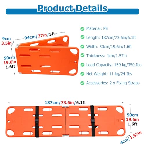 Lightweight Foldable Spine Stretcher, 6ft PE Board for Water & Ambulance Transport, Adjustable Str for Patient Safe in Emerncies, Portable & Design