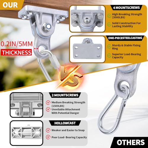 2 Pack Heavy Duty Swing Hangers (3000lb Capacity), Swivel Stainless Steel Swing Hooks Hardware Kit for Wooden Sets & Concrete, Hanging Mount for Porch Swing, Hammock, Yoga, Gym, Punching Bag