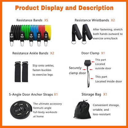 Resistance Bands, Exercise Bands Set with Door Anchor, Multi Point Door Anchor for Home Gym Equipment, Stackable up to 150LBS, for Strength Training, Physical Therapy, Full Body Workout
