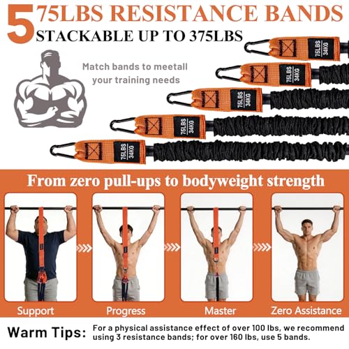 Pull Up Assistance Bands, 375lbs Heavy Duty Pullup Assist Band Set with 5 Resistance Bands, Adjustable Strap, Comfortable Foot/Knee Rest, Handles & Door Anchor for Home Gym Strength Training