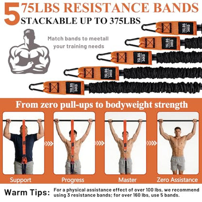 Pull Up Assistance Bands, 375lbs Heavy Duty Pullup Assist Band Set with 5 Resistance Bands, Adjustable Strap, Comfortable Foot/Knee Rest, Handles & Door Anchor for Home Gym Strength Training