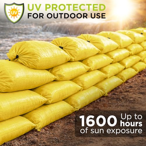 Heavy Duty Sand Bags Pack of 12, Bright Yellow Empty Sandbags with Built-In Ties, Woven Polypropylene UV Protection 1600 Hours, Fillable Bags for Flood Control, Weight, 14x26 inches, 50 Pounds Volume - size: 14"W x 26"L, style: Pack of 12