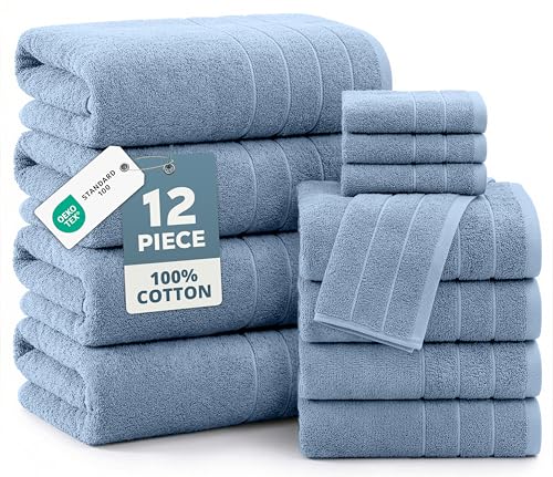 Casa Platino Premium Cotton Bath Towel 12 Piece Set - Super Soft, Quick Dry & Absorbent - 4 Bath, 4 Washcloths, 4 Hand Towels for Bathroom - Hotel Quality & Suitable for Family - Cerulean Blue - color: 10: Cerulean Blue, size: 12 Piece Towel Set
