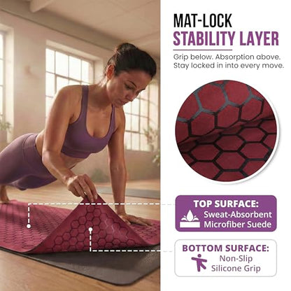 Hot Yoga Mat Towel – Non-Slip Grip for Hot Yoga, Sweat Absorbent, Honeycomb Silicone Grip, Stays Flat – Ideal for Pilates, Travel, Washable & Lightweight - Burgundy
