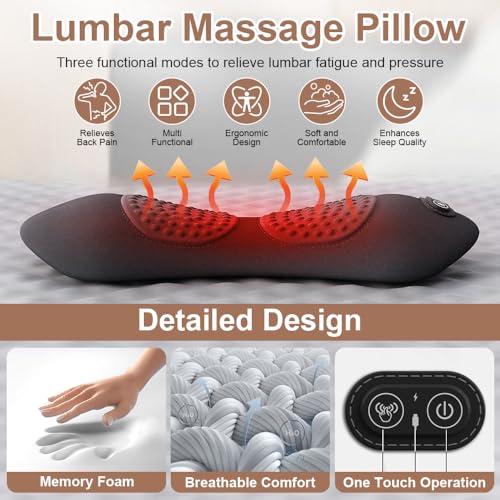 Electric Lumbar Massage Pillow, 3-in-1 Rechargeable Triple Fusion Back Massager with Heat/Vibration/Traction, Heated Lower Back Massager Pillow for Pain Relief Deep Tissue, for Bed Chair